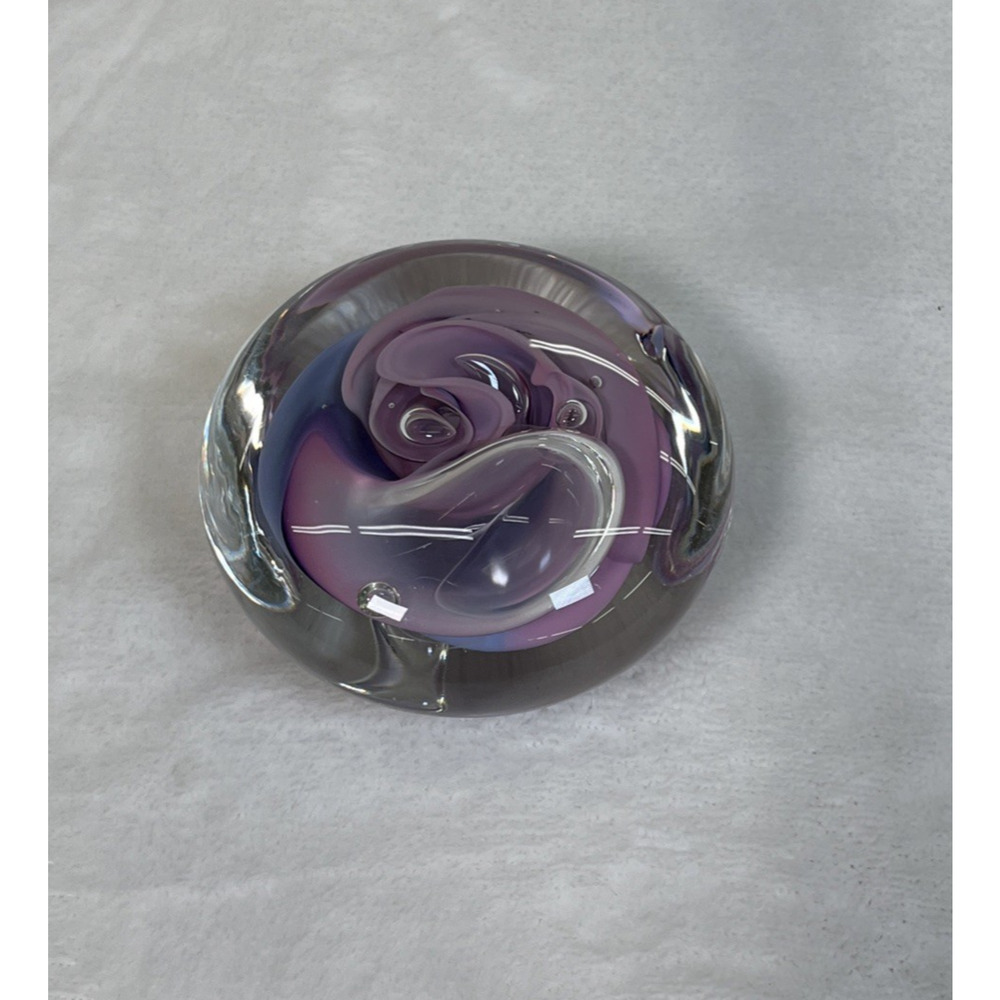 VTG Signed Jim Karg Studio Art Glass Pink & Purple Swirl Paper Weight 3" x 2"